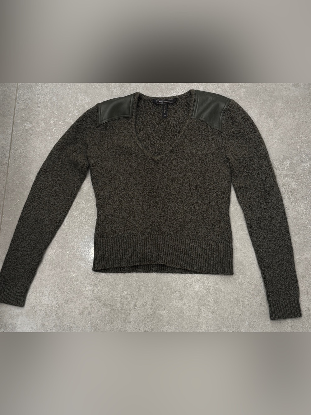 BCBG Olive Green V-Neck Sweater with Leather Shoulder Panels